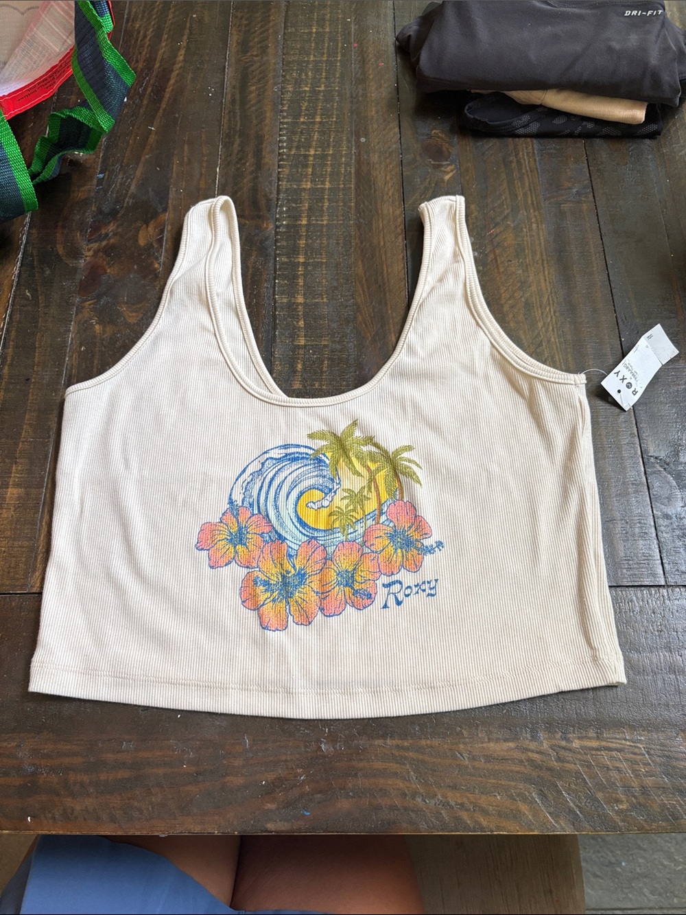 Roxy Cream Ribbed Cropped Tank with Blue Wave & Tropical Floral